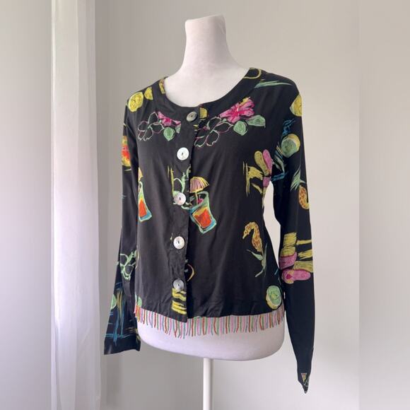 Vintage ‘90s Paradiso Tropical Print Beaded Fringe Hem Button Down Blouse - Picture 1 of 9